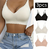 3pcs Wavy Trim Seamless Bralettes, Comfortable & Breathable Wireless Intimates Bras, Women&