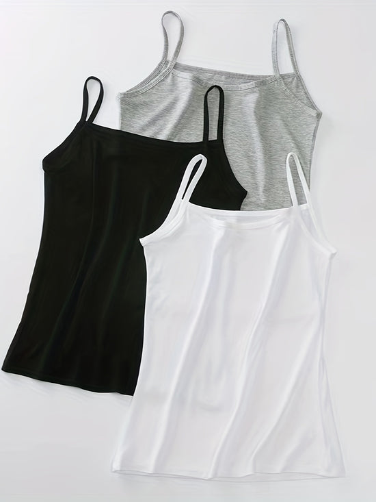 3 Sets Solid Cami Tops, Casual Comfy All-match Top, Women&