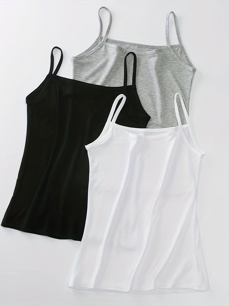 3 Sets Solid Cami Tops, Casual Comfy All-match Top, Women&