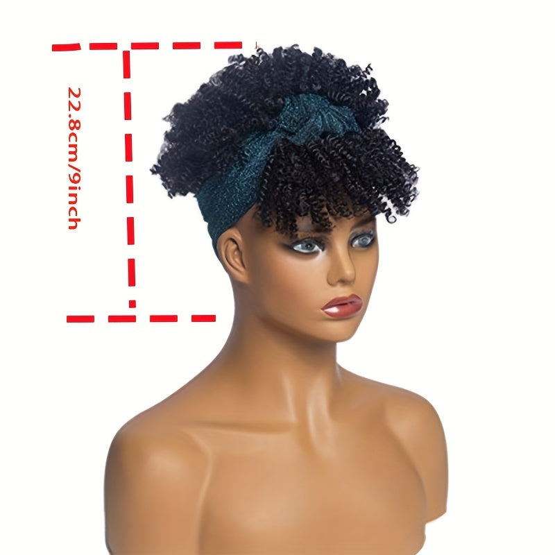Headband Wigs For Women, Synthetic Short Afro Kinky Curly Wigs Dark Brown Wig With Bangs Wrap Wigs 2 In 1 Turban Wig Drawstring High Puff Wigs Headwrap Wigs With Headband Attached Updo Music Festival - Lena & Miles Exquisite Boutique LLC.