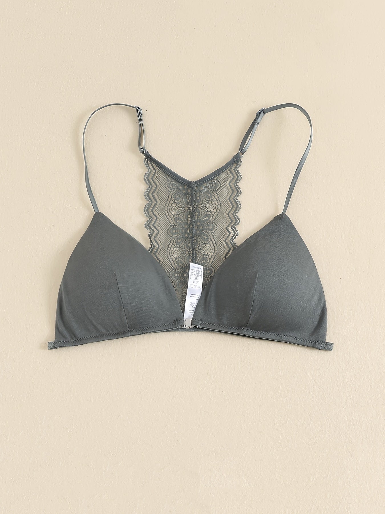 Triangle Cups Front Buckle Bras, Lace Stitching Beauty Back Bra With Removable Pads, Women&