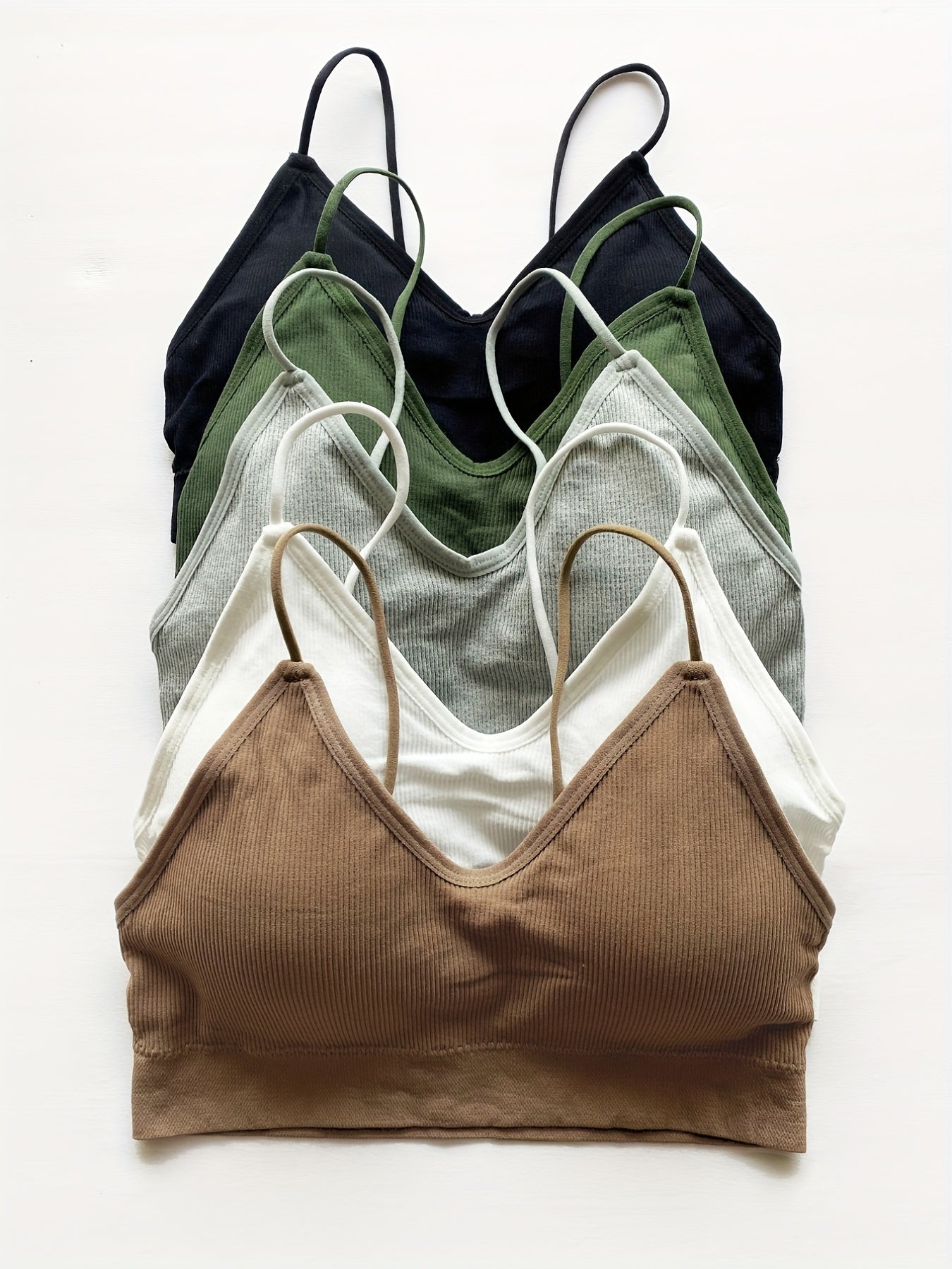 5pcs Soft Ribbed Bralettes, Comfort & Breathable Thin Strap Everyday Bra, Women&