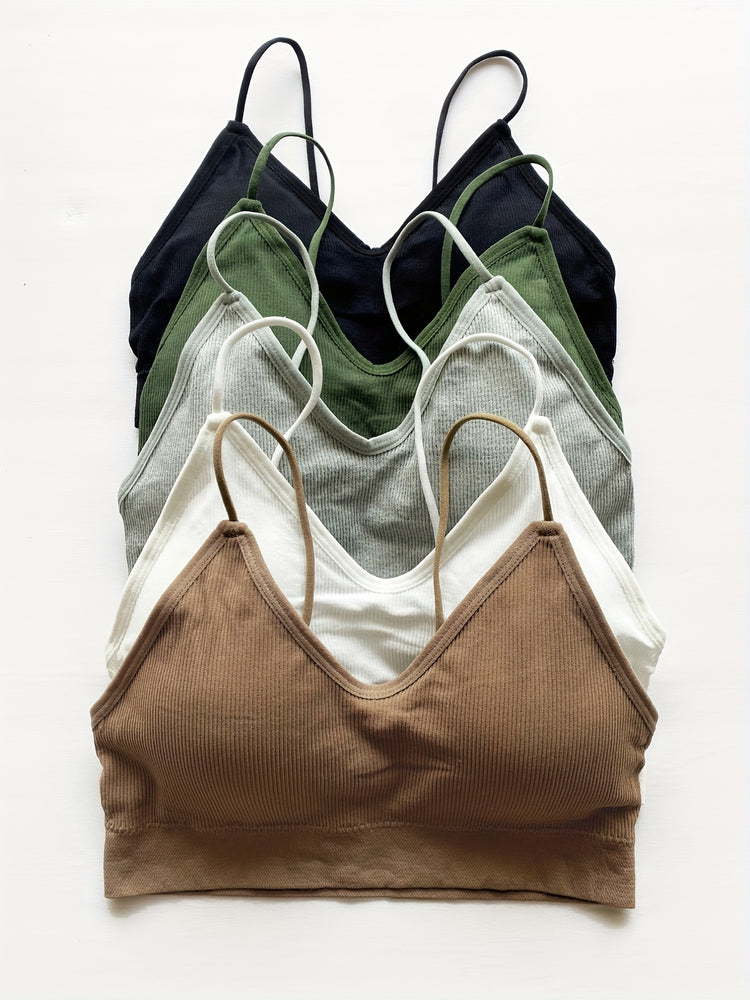 5pcs Soft Ribbed Bralettes, Comfort & Breathable Thin Strap Everyday Bra, Women&