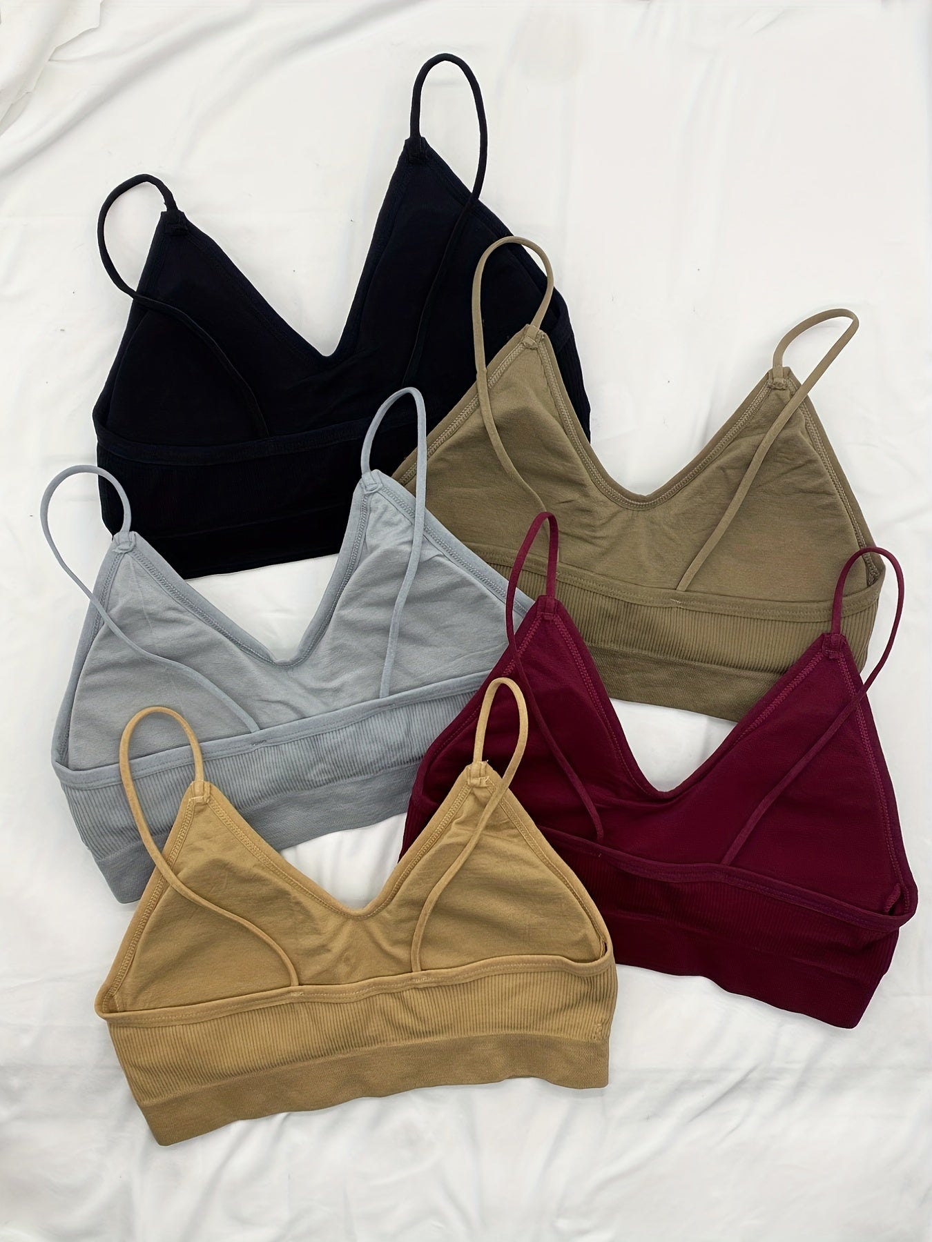 5pcs Soft Ribbed Bralettes, Comfort & Breathable Thin Strap Everyday Bra, Women&
