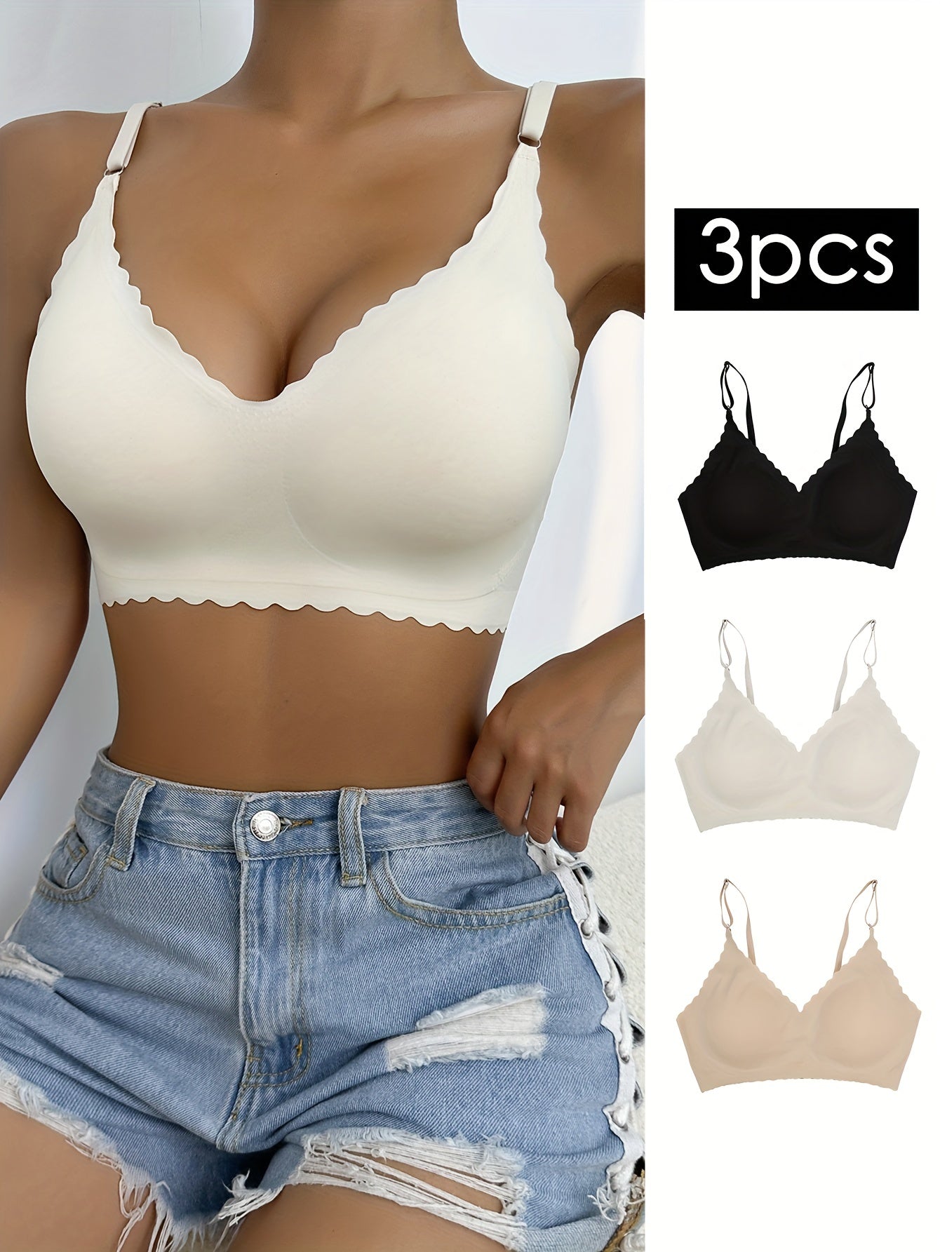 3pcs Wavy Trim Seamless Bralettes, Comfortable & Breathable Wireless Intimates Bras, Women&
