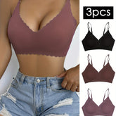 3pcs Wavy Trim Seamless Bralettes, Comfortable & Breathable Wireless Intimates Bras, Women&