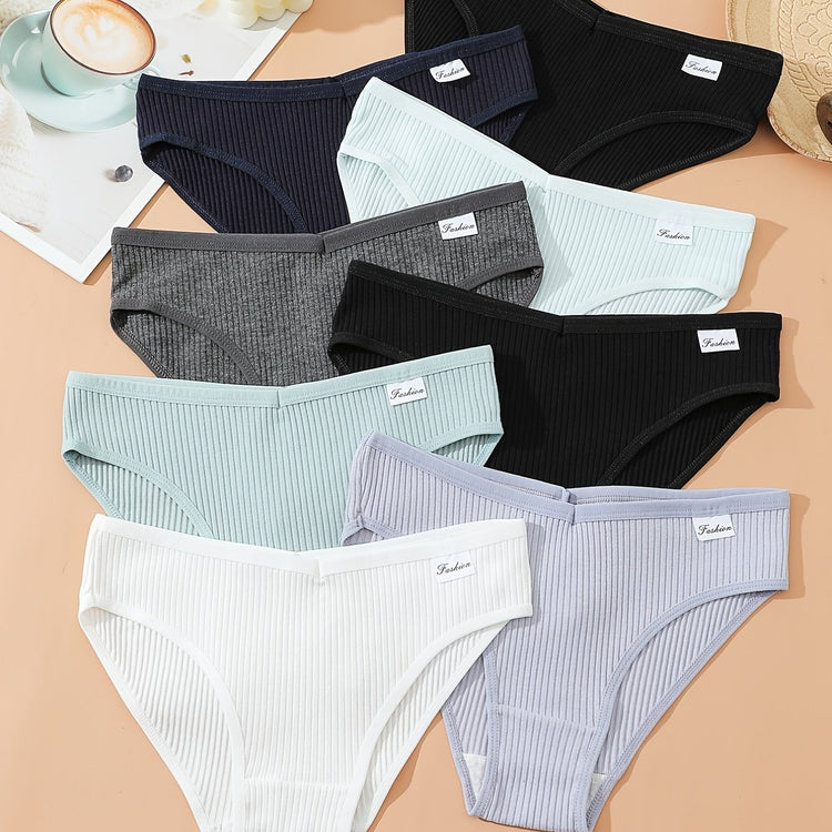 8pcs Seamless Ribbed Bikini, Comfy & Breathable Low Waist Panties, Women&