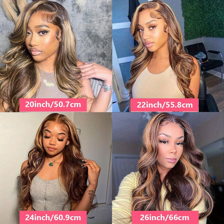 13x4 HD Lace Front Human Hair Wigs For Women Highlight P4/27 Body Wave Transparent Peruvian Lace Frontal Wig Lace Front Wig Ombre Brown Colored Pre Plucked 20-36 Inches 150% Density - Lena & Miles Exquisite Boutique LLC.