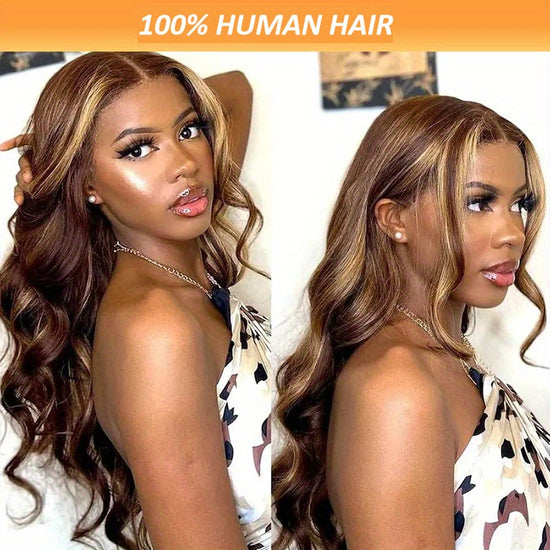 13x4 HD Lace Front Human Hair Wigs For Women Highlight P4/27 Body Wave Transparent Peruvian Lace Frontal Wig Lace Front Wig Ombre Brown Colored Pre Plucked 20-36 Inches 150% Density - Lena & Miles Exquisite Boutique LLC.