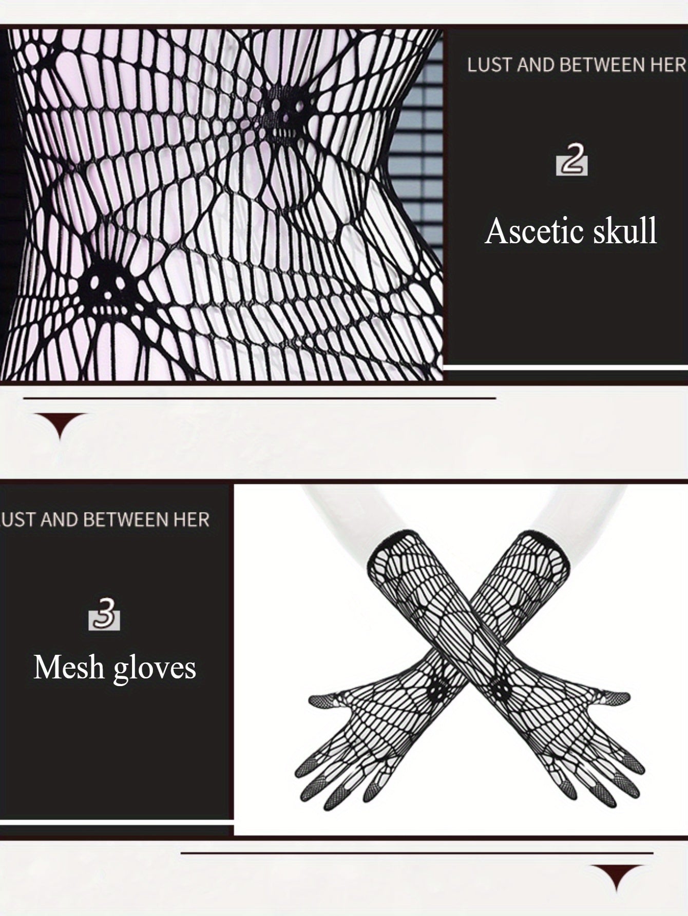 FÉE ET MOI Halloween Skull Punk Spider Web Sheer Bodystocking with Matching Fingerless Sleeves, Polyamide Knit Fabric, Adult Bodysuits - Patterned Knit 94.70% Polyamide, 5.30% Elastane, Apparel for Costume Parties and Specia - Lena & Miles Exquisite Boutique LLC.
