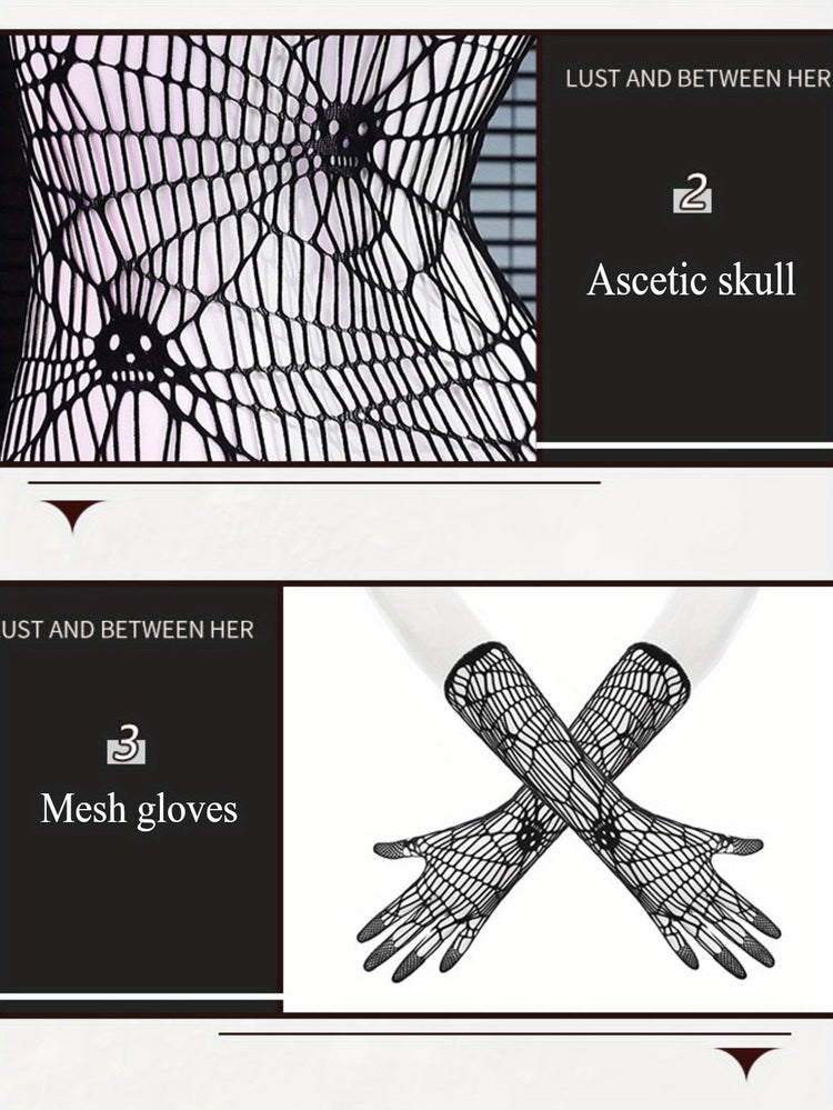 FÉE ET MOI Halloween Skull Punk Spider Web Sheer Bodystocking with Matching Fingerless Sleeves, Polyamide Knit Fabric, Adult Bodysuits - Patterned Knit 94.70% Polyamide, 5.30% Elastane, Apparel for Costume Parties and Specia - Lena & Miles Exquisite Boutique LLC.