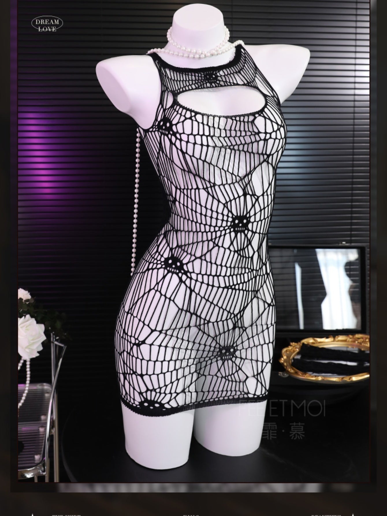 FÉE ET MOI Halloween Skull Punk Spider Web Sheer Bodystocking with Matching Fingerless Sleeves, Polyamide Knit Fabric, Adult Bodysuits - Patterned Knit 94.70% Polyamide, 5.30% Elastane, Apparel for Costume Parties and Specia - Lena & Miles Exquisite Boutique LLC.
