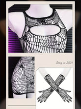 FÉE ET MOI Halloween Skull Punk Spider Web Sheer Bodystocking with Matching Fingerless Sleeves, Polyamide Knit Fabric, Adult Bodysuits - Patterned Knit 94.70% Polyamide, 5.30% Elastane, Apparel for Costume Parties and Specia - Lena & Miles Exquisite Boutique LLC.