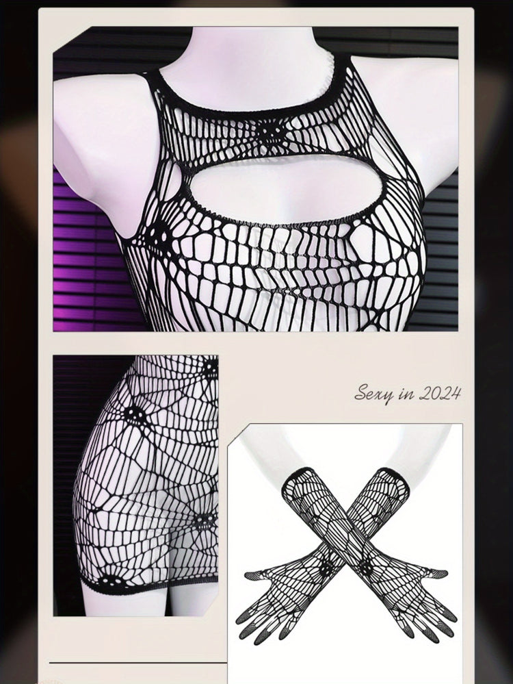 FÉE ET MOI Halloween Skull Punk Spider Web Sheer Bodystocking with Matching Fingerless Sleeves, Polyamide Knit Fabric, Adult Bodysuits - Patterned Knit 94.70% Polyamide, 5.30% Elastane, Apparel for Costume Parties and Specia - Lena & Miles Exquisite Boutique LLC.