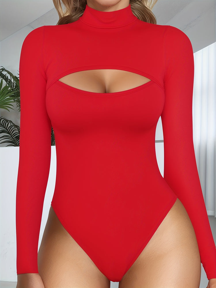 Long Sleeve Mock Neck Bodysuits For Women With Cutout Front Top - Lena & Miles Exquisite Boutique LLC.