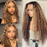 Highlight Ombre 13x4 Lace Front Wig Human Hair Pre Plucked HD Transparent 4/27 Honey Blonde Lace Frontal Wigs With Baby Hair 200% Density Colored Water Wave Lace Front Wig Human Hair For Women - Lena & Miles Exquisite Boutique LLC.