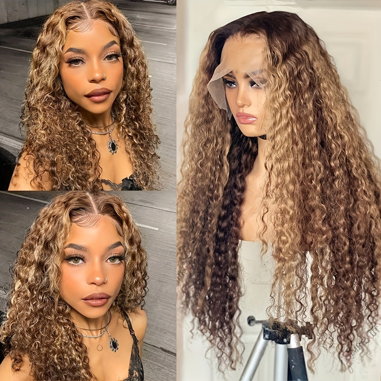 Highlight Ombre 13x4 Lace Front Wig Human Hair Pre Plucked HD Transparent 4/27 Honey Blonde Lace Frontal Wigs With Baby Hair 200% Density Colored Water Wave Lace Front Wig Human Hair For Women - Lena & Miles Exquisite Boutique LLC.