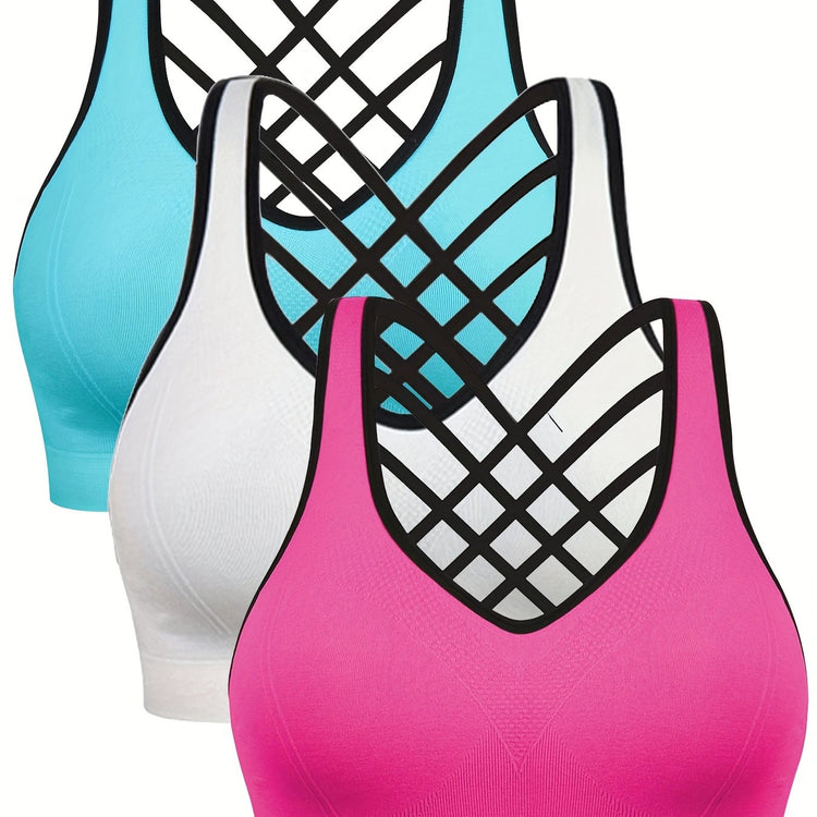 3pcs Criss Cross Back Sports Bras, Comfy & Breathable versatile Fitness Tank Bra, Women&