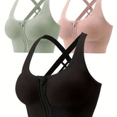 3pcs High-Support Criss Cross Back Sports Bras - Breathable, Shockproof, Removable Padding, Mid-Elasticity, Zipper Front Closure - Womens Fitness Lingerie & Underwear for High-Impact Activities - Lena & Miles Exquisite Boutique LLC.