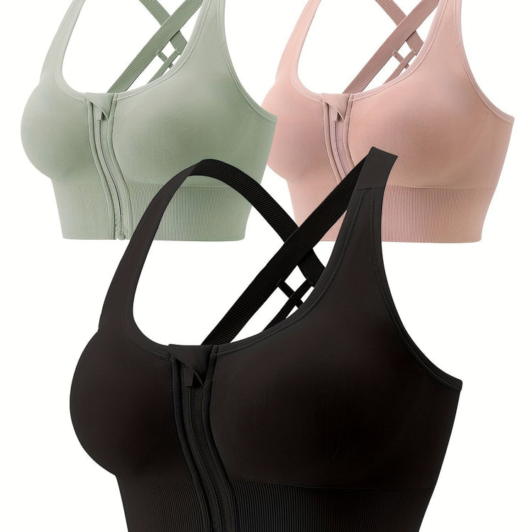 3pcs High-Support Criss Cross Back Sports Bras - Breathable, Shockproof, Removable Padding, Mid-Elasticity, Zipper Front Closure - Womens Fitness Lingerie & Underwear for High-Impact Activities - Lena & Miles Exquisite Boutique LLC.