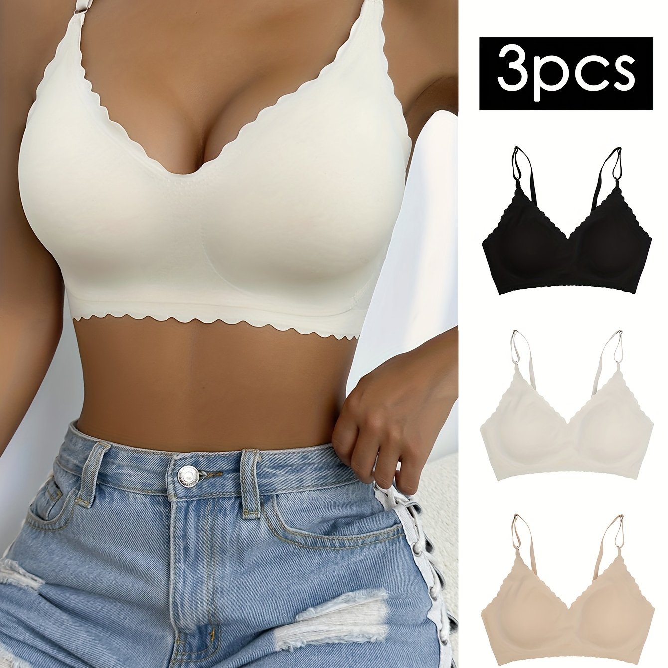 3pcs Wavy Trim Seamless Bralettes, Comfortable & Breathable Wireless Intimates Bras, Women&