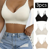 3pcs Wavy Trim Seamless Bralettes, Comfortable & Breathable Wireless Intimates Bras, Women&