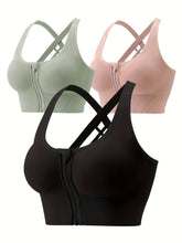 3pcs High-Support Criss Cross Back Sports Bras - Breathable, Shockproof, Removable Padding, Mid-Elasticity, Zipper Front Closure - Womens Fitness Lingerie & Underwear for High-Impact Activities - Lena & Miles Exquisite Boutique LLC.
