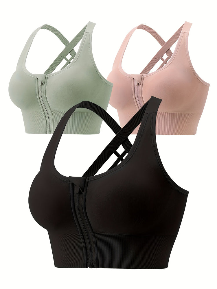 3pcs High-Support Criss Cross Back Sports Bras - Breathable, Shockproof, Removable Padding, Mid-Elasticity, Zipper Front Closure - Womens Fitness Lingerie & Underwear for High-Impact Activities - Lena & Miles Exquisite Boutique LLC.