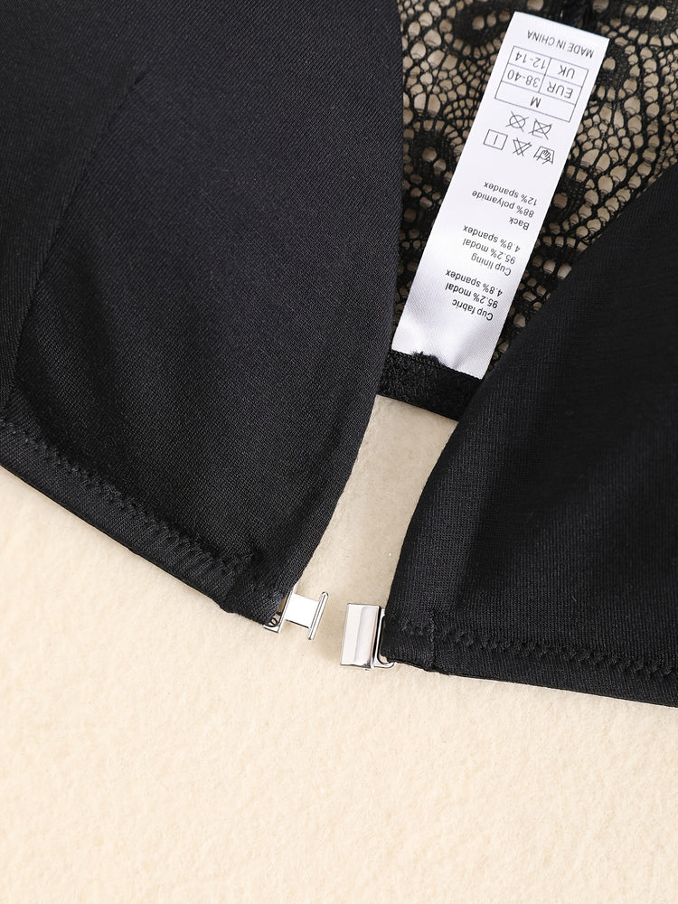 Triangle Cups Front Buckle Bras, Lace Stitching Beauty Back Bra With Removable Pads, Women&