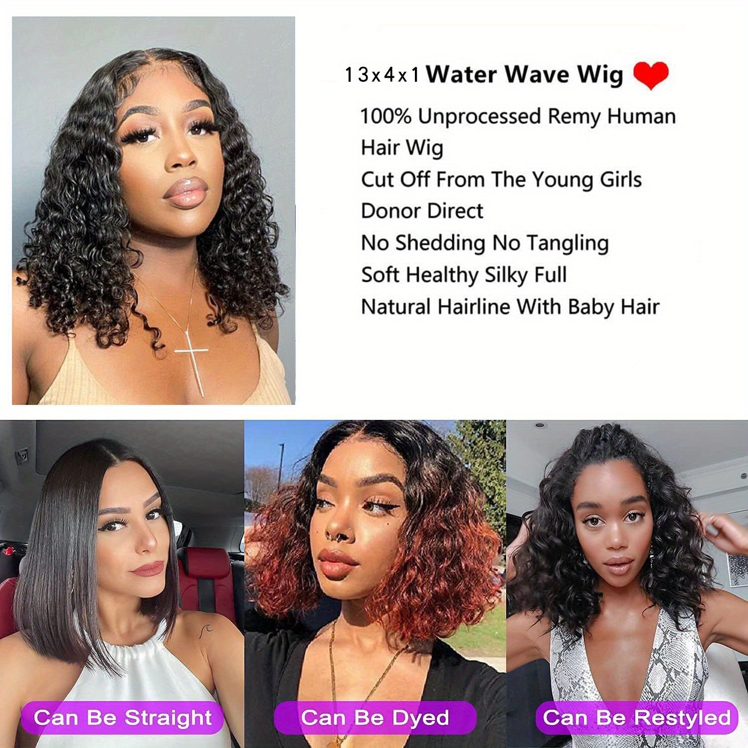Beaushine Luxury Bob Human Hair Wigs - Short Water Wave Wet Wavy Style for Black Women - 10inch 13x4x1 Middle Part, Glueless Lace Closure, Pre-Plucked, 150% Density - Naturally Luscious and Easy to Style - Lena & Miles Exquisite Boutique LLC.