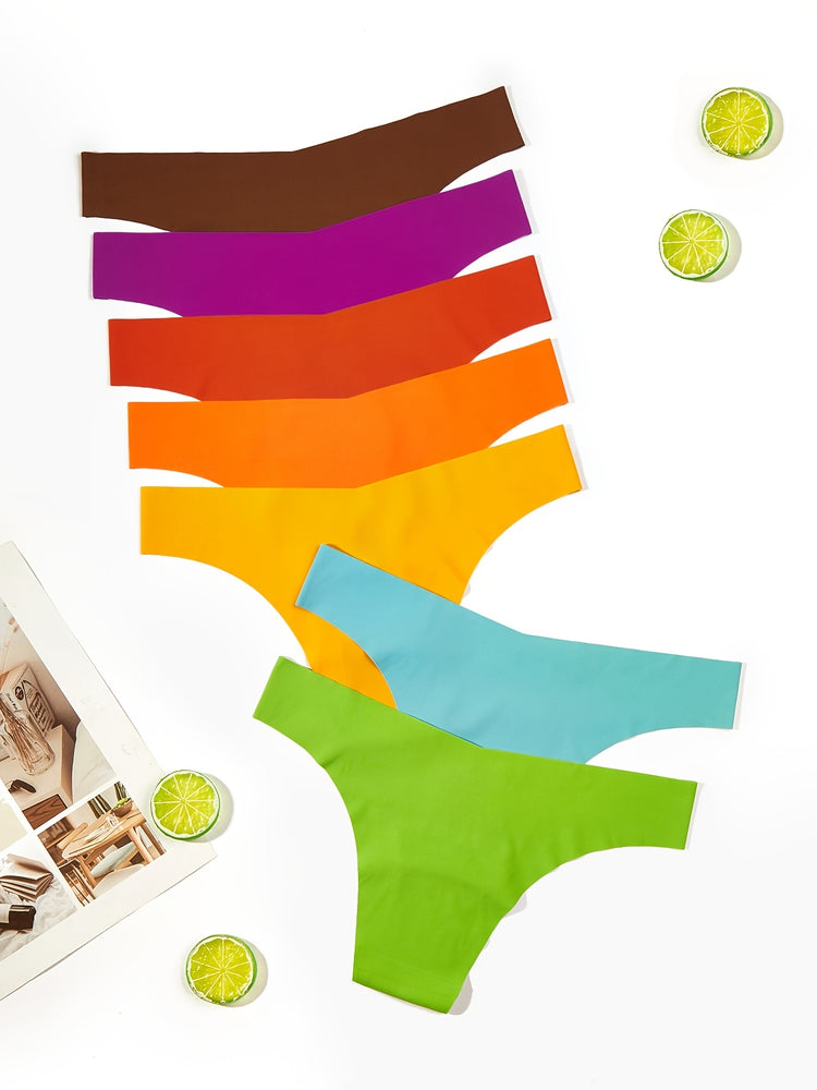 7pcs Multi Color Thong Panties, Breathable & Seamless Light Elastic Low Waist Intimates Panties, Women&