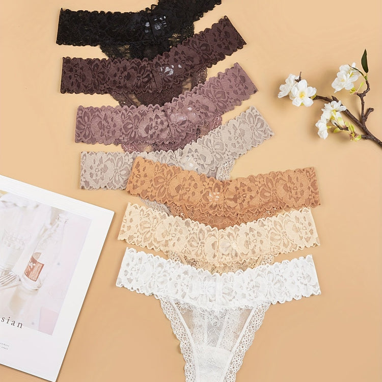 7pcs Floral Lace Cheeky Thongs, Sultry Semi-sheer Low Waist Panties, Women&