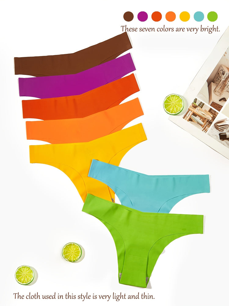 7pcs Multi Color Thong Panties, Breathable & Seamless Light Elastic Low Waist Intimates Panties, Women&