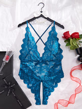 Plus Size Seductive Floral Lace Bodysuit - Plunging Halter Neck, Open Crotch, Medium Stretch, Sheer, Knit Fabric, Polyester Material - Sexy Lingerie for Women - Lena & Miles Exquisite Boutique LLC.