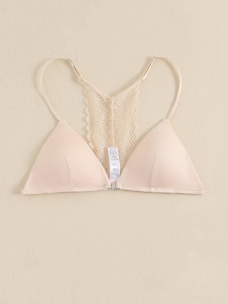 Triangle Cups Front Buckle Bras, Lace Stitching Beauty Back Bra With Removable Pads, Women&