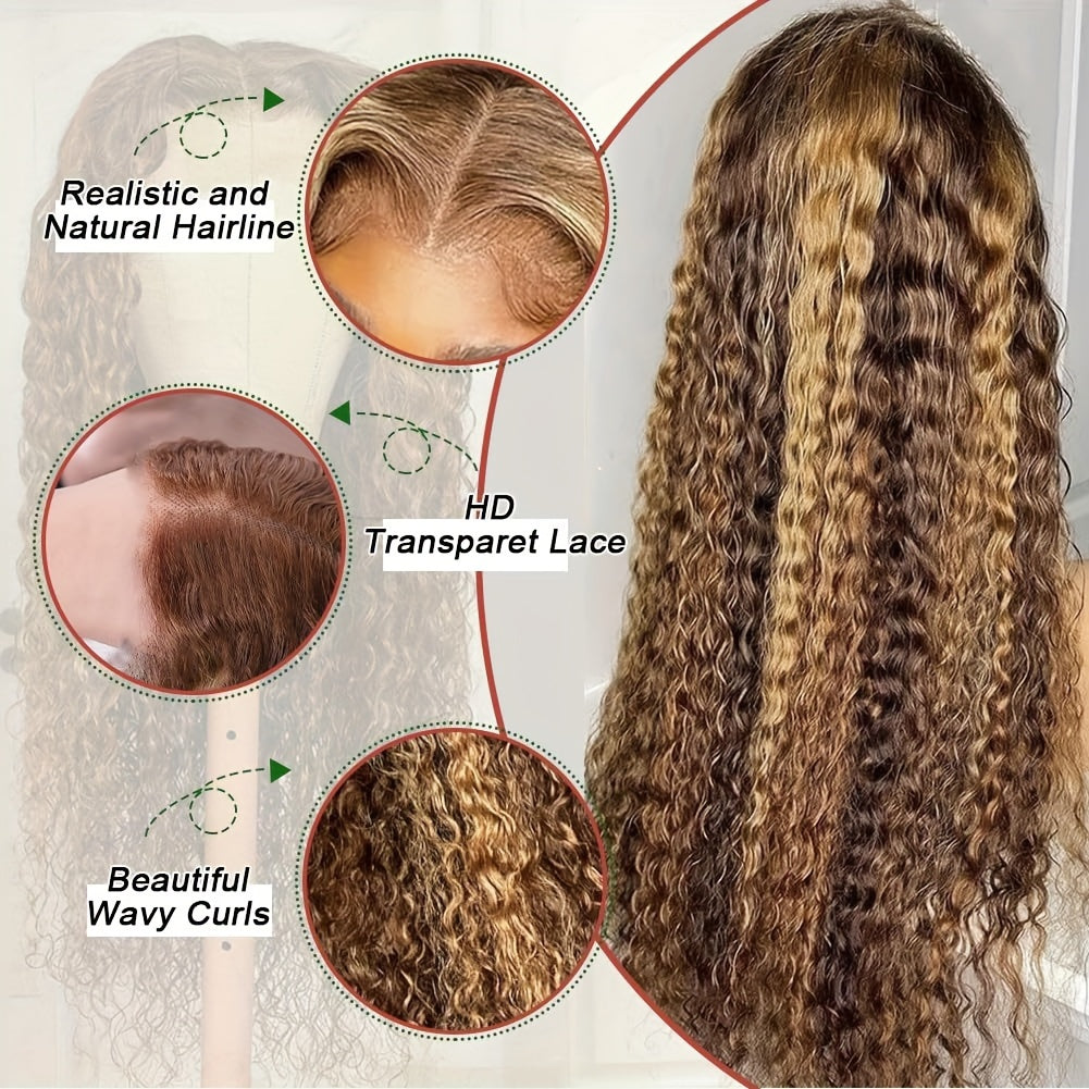 Highlight Ombre 13x4 Lace Front Wig Human Hair Pre Plucked HD Transparent 4/27 Honey Blonde Lace Frontal Wigs With Baby Hair 200% Density Colored Water Wave Lace Front Wig Human Hair For Women - Lena & Miles Exquisite Boutique LLC.