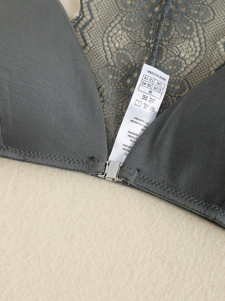 Triangle Cups Front Buckle Bras, Lace Stitching Beauty Back Bra With Removable Pads, Women&