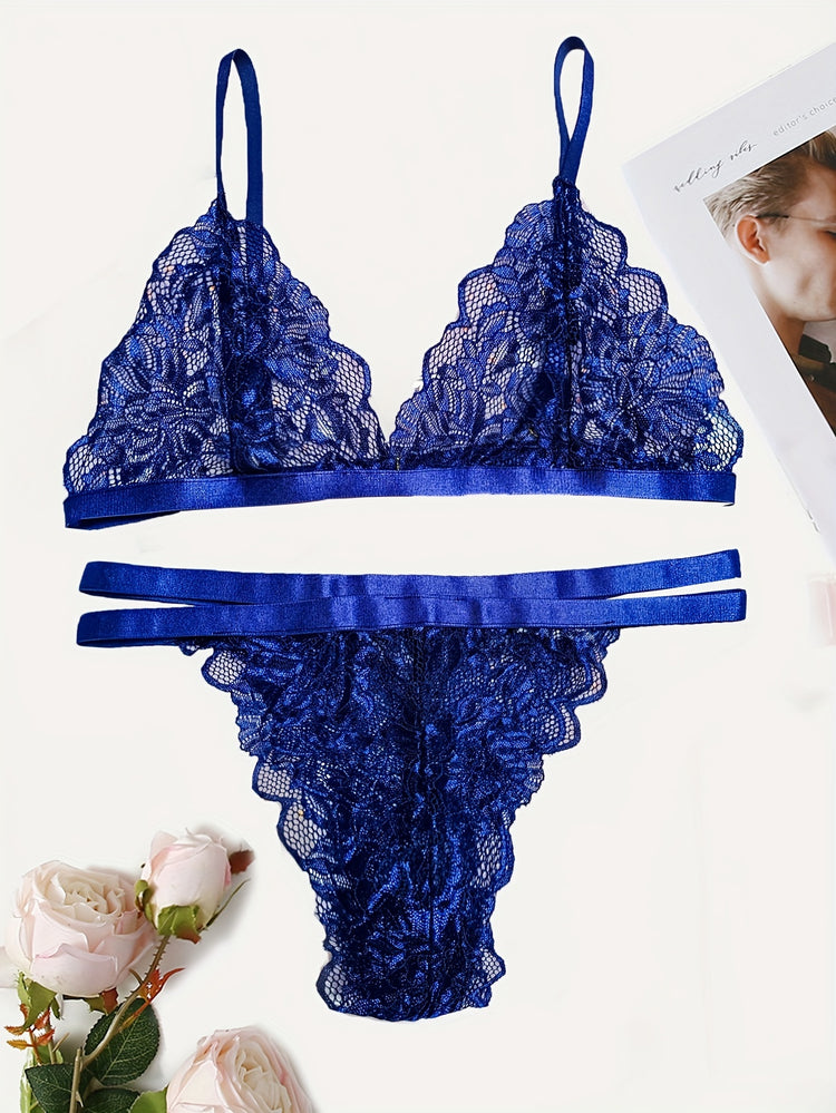 Sexy Floral Lace Lingerie Set - Triangle Cups Plunge Bra, Semi-Sheer Panties, Adjustable Straps, Comfortable Fit - Womens Romantic Underwear for Date Night or Special Occasions - Lena & Miles Exquisite Boutique LLC.