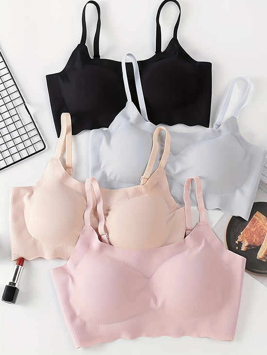 4pcs Seamless Solid Comfortable Bralettes, Adjustable Straps Wireless Intimates Bra for Women&