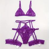 Sultry Floral Lace Lingerie Set - Sheer Bra, Garter Belt, G-String, Leg Ring - Women&