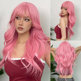 24 Inch Long, Coily, Heat Resistant Pink Body Wave Hair Wigs with Bangs - Synthetic Fiber, Fantasy Theme, Perfect for Daily, Party, Cosplay, Music Festival Use - High-Quality, Soft, Natural-Looking Hair for Women and Girls - Lena & Miles Exquisite Boutique LLC.