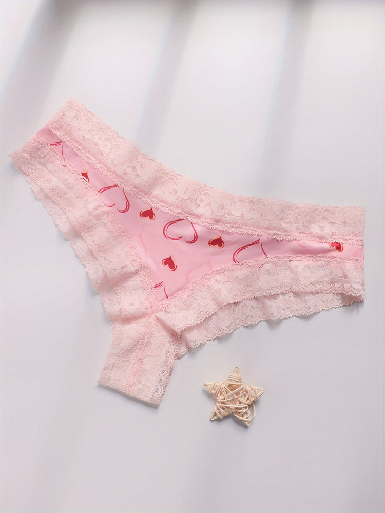 Adorable Heart Print Hipster Panties with Festive Lace Trim - Low Waist, Soft & Comfortable Intimates for Women - Perfect Kings Day Lingerie - Lena & Miles Exquisite Boutique LLC.