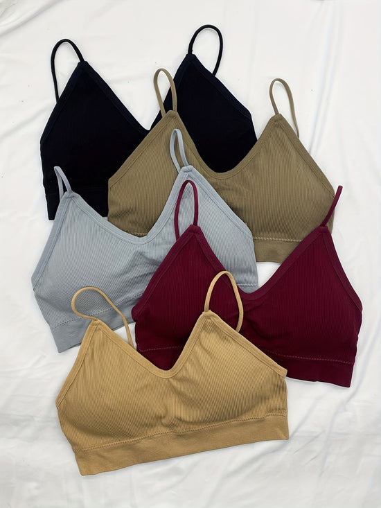 5pcs Soft Ribbed Bralettes, Comfort & Breathable Thin Strap Everyday Bra, Women&