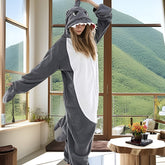 Christmas Cartoon Shark One Piece Pajama, Soft & Comfy Long Sleeve Hooded Pajama Jumpsuit, Women&