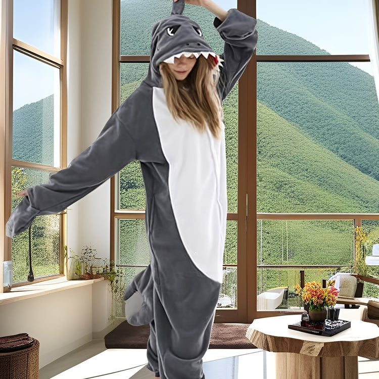 Christmas Cartoon Shark One Piece Pajama, Soft & Comfy Long Sleeve Hooded Pajama Jumpsuit, Women&