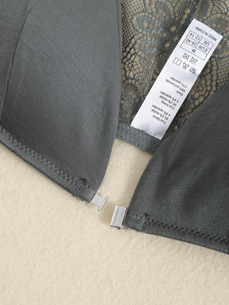 Triangle Cups Front Buckle Bras, Lace Stitching Beauty Back Bra With Removable Pads, Women&