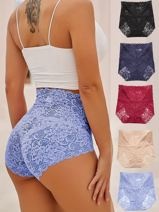 5pcs Delicate Floral Lace Briefs - Comfortable & Breathable, Elastic Scallop Trim Panties - Soft Womens Lingerie Set for a Seamless Fit - Lena & Miles Exquisite Boutique LLC.