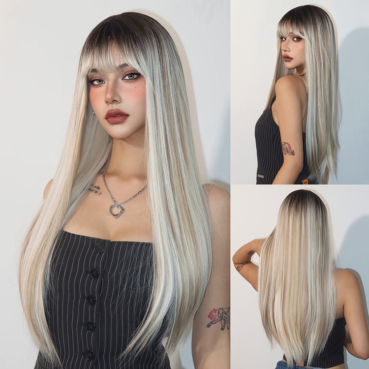 Champagne Blonde And Ivory White Mixed Wigs With Brown Gradient Color Hair Roots 28 Inch Long Straight Front Bangs Wigs Natural-looking Everyday Wigs Heat-resistant Synthetic Wigs Music Festival - Lena & Miles Exquisite Boutique LLC.