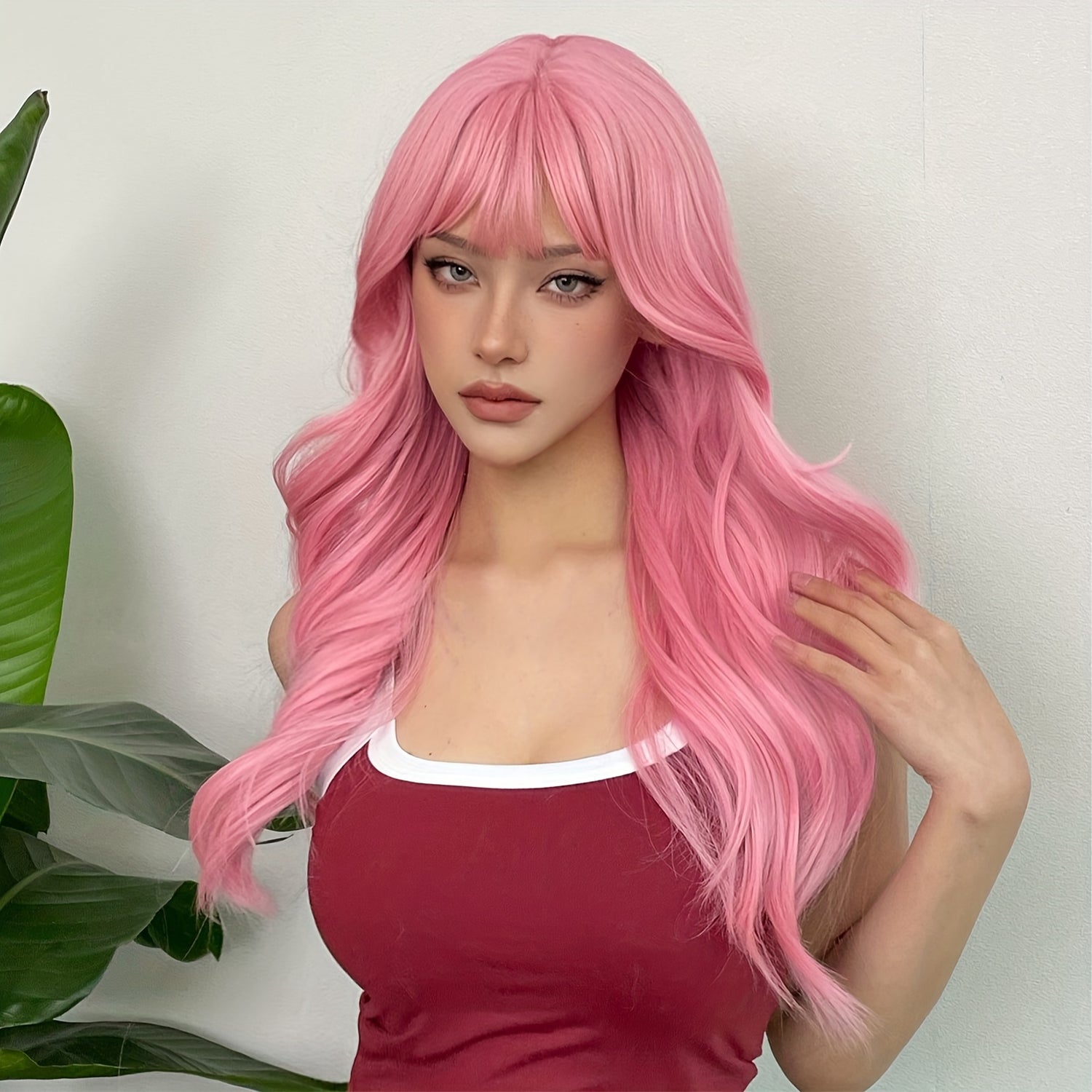 24 Inch Long, Coily, Heat Resistant Pink Body Wave Hair Wigs with Bangs - Synthetic Fiber, Fantasy Theme, Perfect for Daily, Party, Cosplay, Music Festival Use - High-Quality, Soft, Natural-Looking Hair for Women and Girls - Lena & Miles Exquisite Boutique LLC.