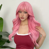 24 Inch Long, Coily, Heat Resistant Pink Body Wave Hair Wigs with Bangs - Synthetic Fiber, Fantasy Theme, Perfect for Daily, Party, Cosplay, Music Festival Use - High-Quality, Soft, Natural-Looking Hair for Women and Girls - Lena & Miles Exquisite Boutique LLC.